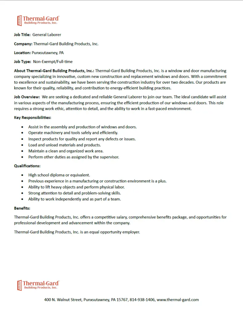 Thermal-Gard job posting for General Laborer in Punxsutawney, PA with duties and qualifications.